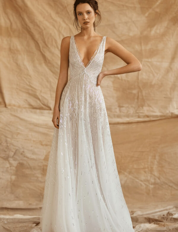 Gorgeous Deep Double V Neck Satin Prom Dress with Cap Sleeves